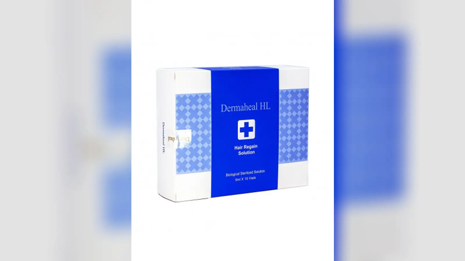 אריזת Dermaheal HL של Caregen עם עשרה בקבוקוני תמיסה לשיער, תכשיר גורמי גדילה ופפטידים לקרקפת