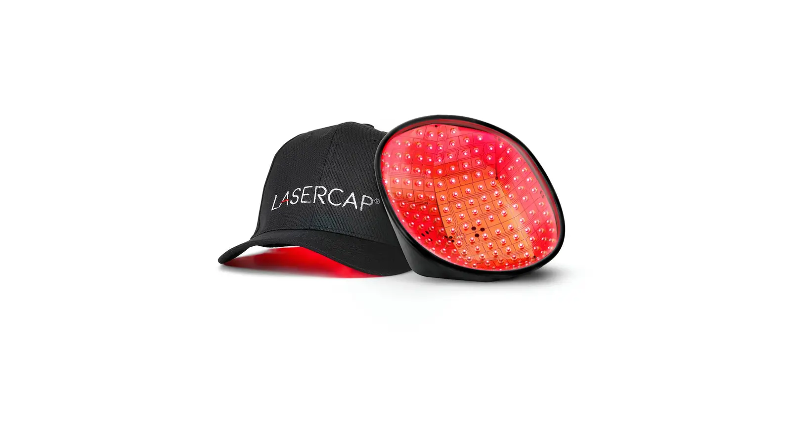 כובע אור אדום לשיער (LaserCap) לצד הרכיב עם דיודות האור האדום שפונות אל הקרקפת