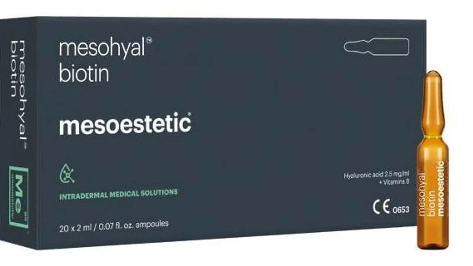 אריזת mesohyal biotin של Mesoestetic עם אמפולה, תכשיר ויטמינים מקבוצת B וחומצה היאלורונית למזותרפיה בקרקפת